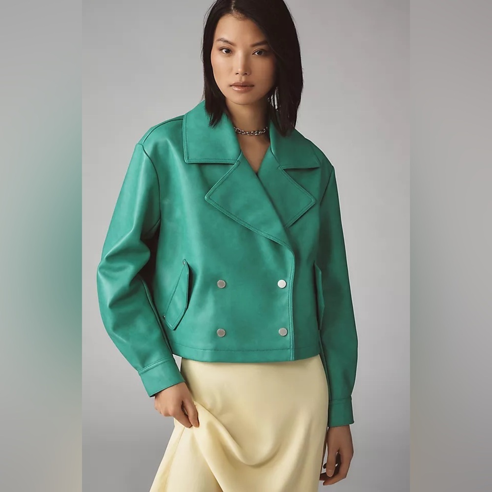 Nwt New Medium Anthropologie Avec Les Fillies Faux Leather Peacoat Jacket Green